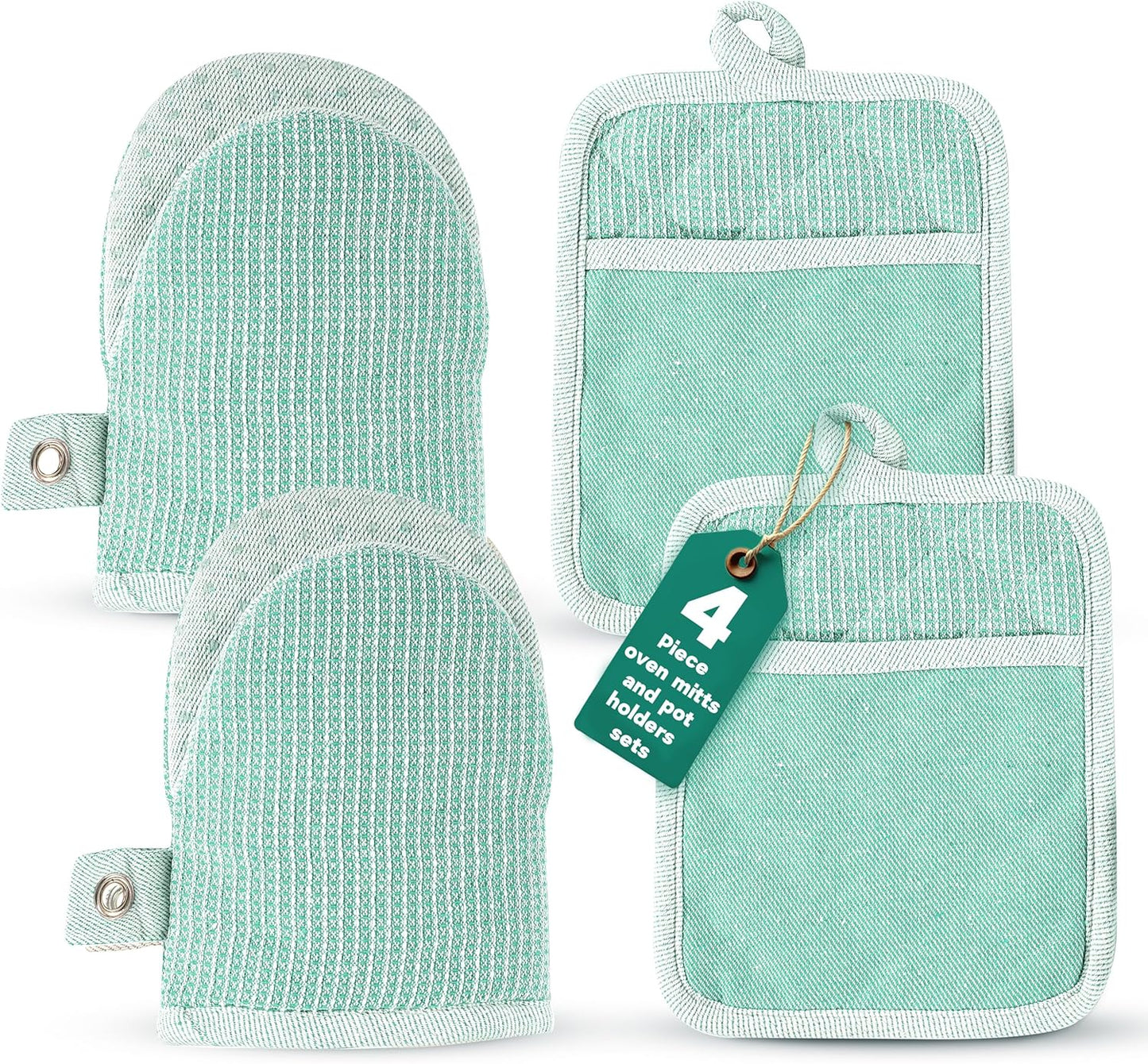 Casa Platino Heat Resistant Oven Mitts & Pot Holders, 4-Piece – Oven Mitt for Baking & BBQ, Potholders for Kitchens – Withstands Heat Up to 500°F, Soft, Durable & Non-Slip – Sage