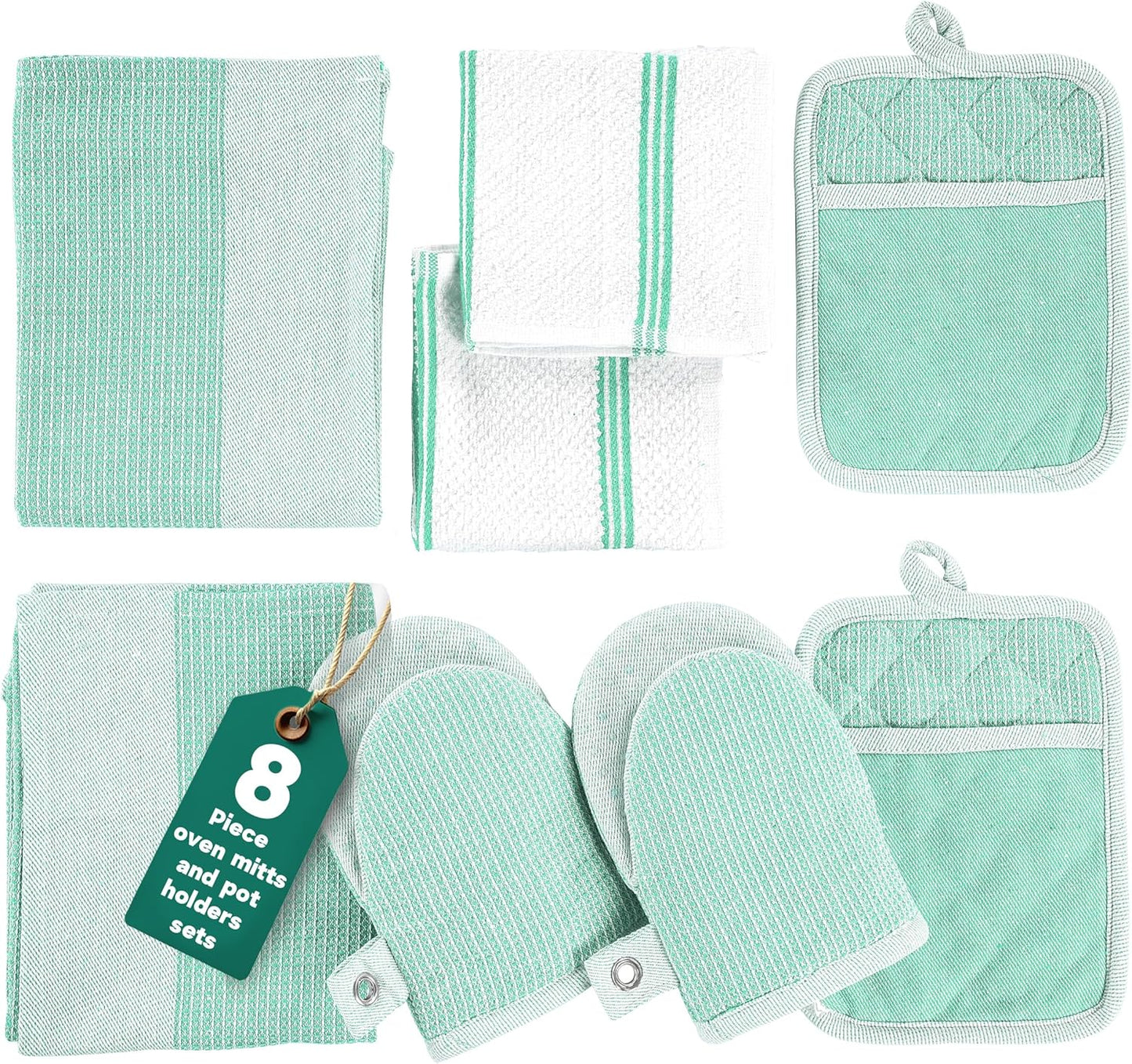 Casa Platino Potholders & Oven Mitts Heat Resistant, 8-Piece Mini Oven Mitts with Silicone Grip, Potholders for Kitchens, 2 Kitchen Towels & 2 Dish Cloths – Durable & Non-Slip – Sage