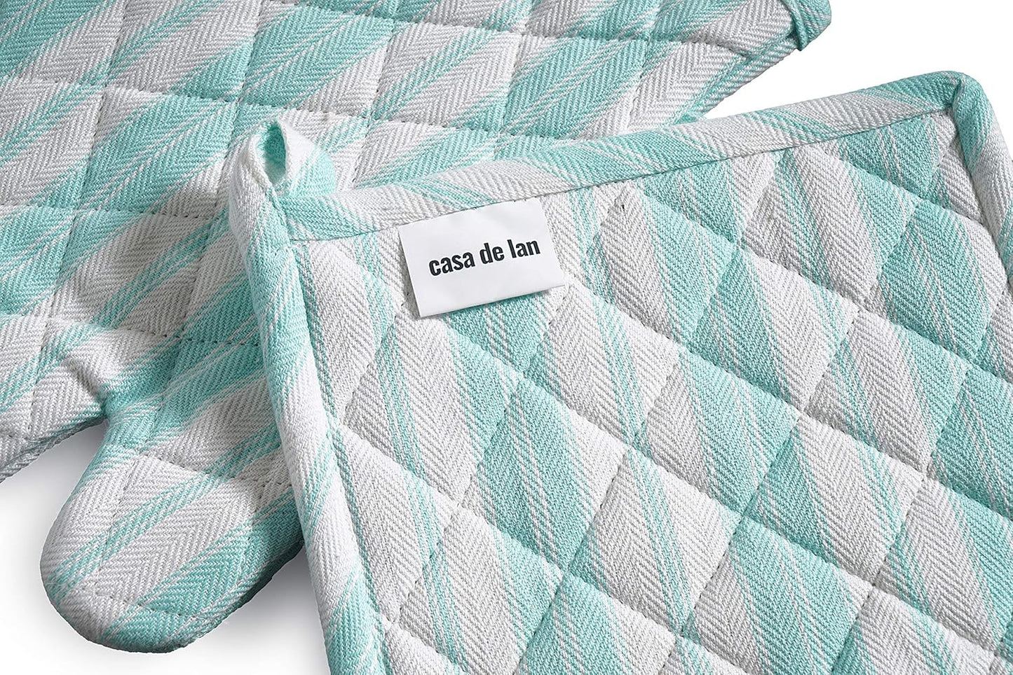 Oven Mitt & Potholder Set - Durable Heat Resistant Gloves - Thick Mittens for Kitchen - Suitable for Cooking, Baking, Grilling – BBQ - 1 Oven Mitts & 1 Potholders – Light Blue Stripes - Casa De Lan